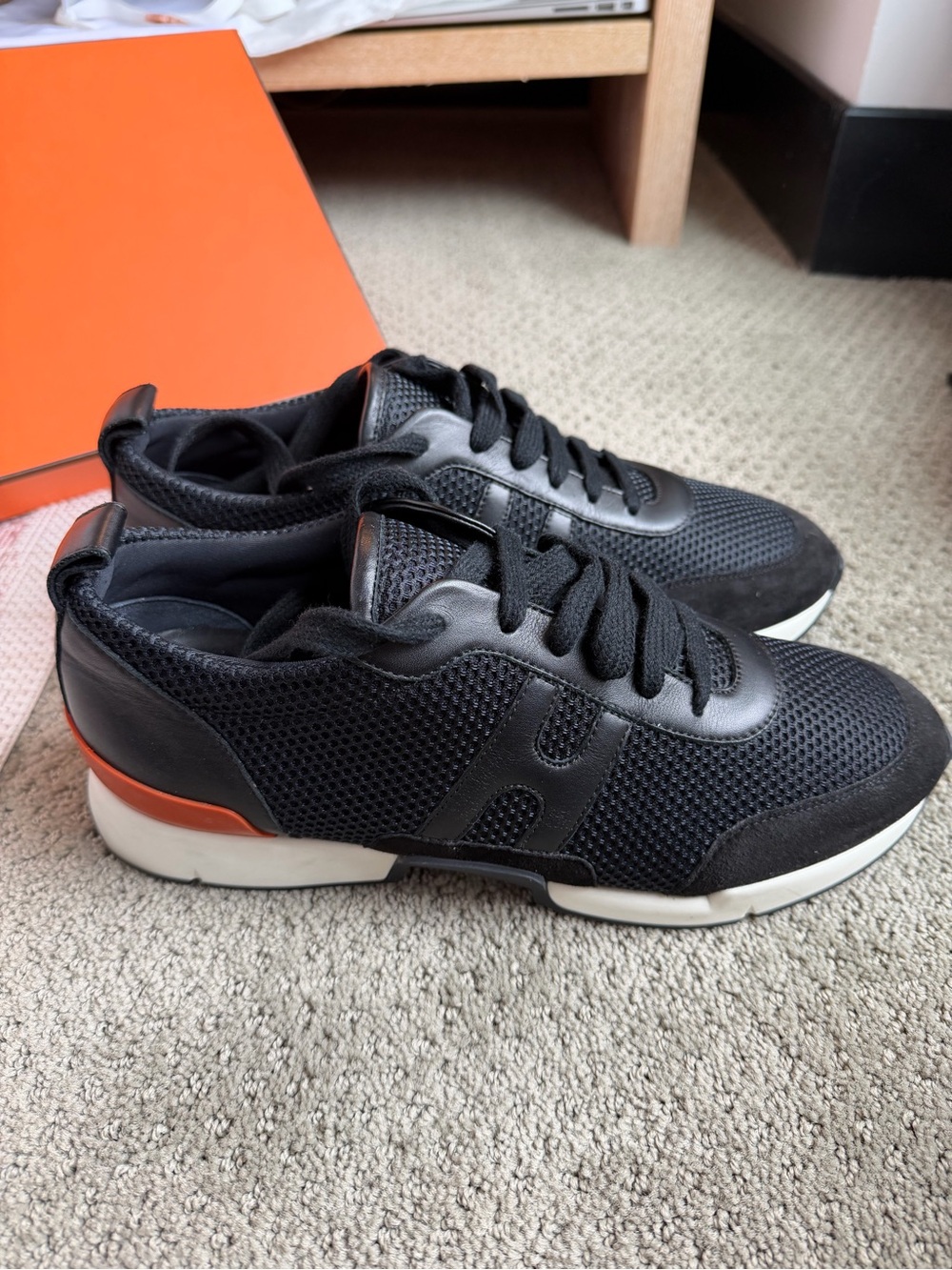 Hermes Men’s Black Mesh & Leather Sneakers with Orange Heel Accent